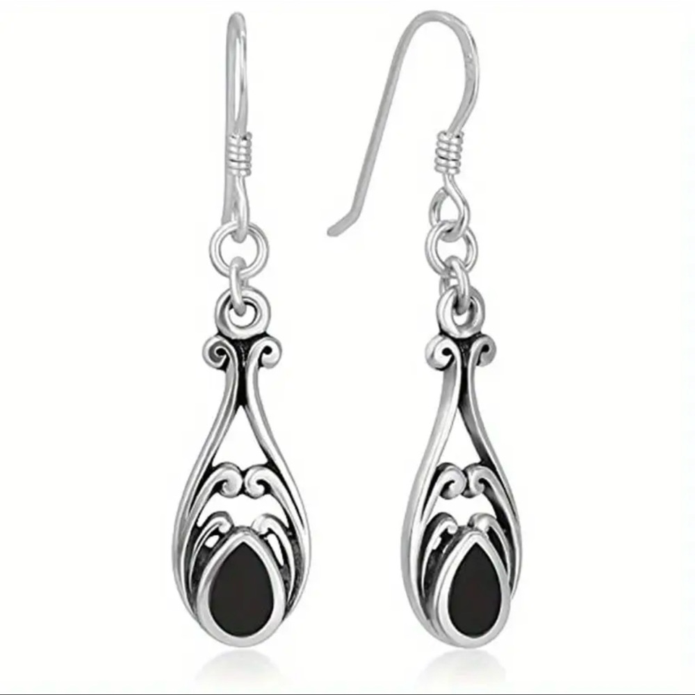 NWOT - Stylish Silver and Black Teardrop Earrings